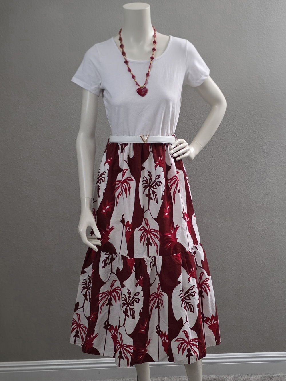 Red Tropical Print Tiered Midi Cotton Dress